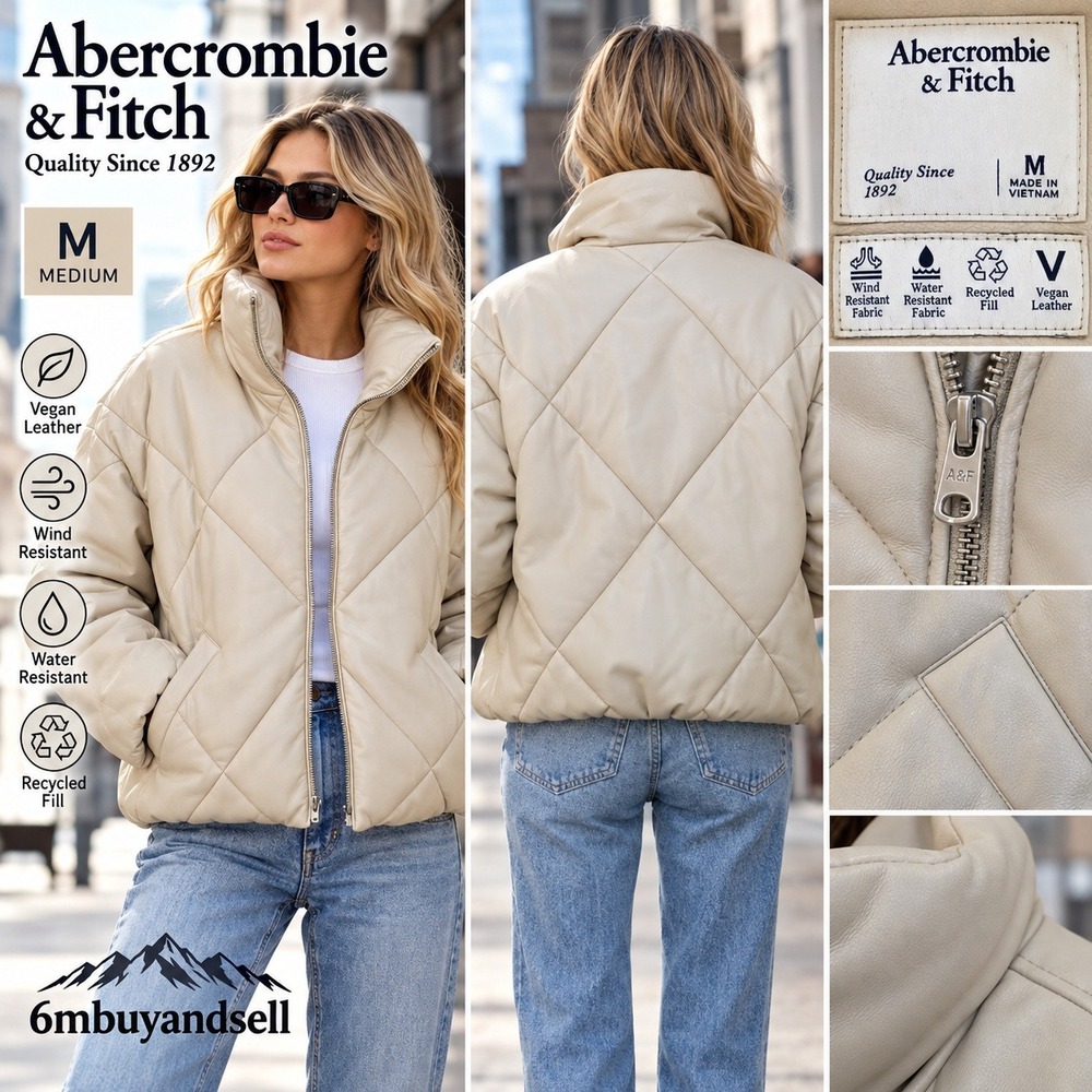 Abercrombie & Fitch Vegan Leather Puffer Jacket Beige Quilted Y2K 144J0522 M